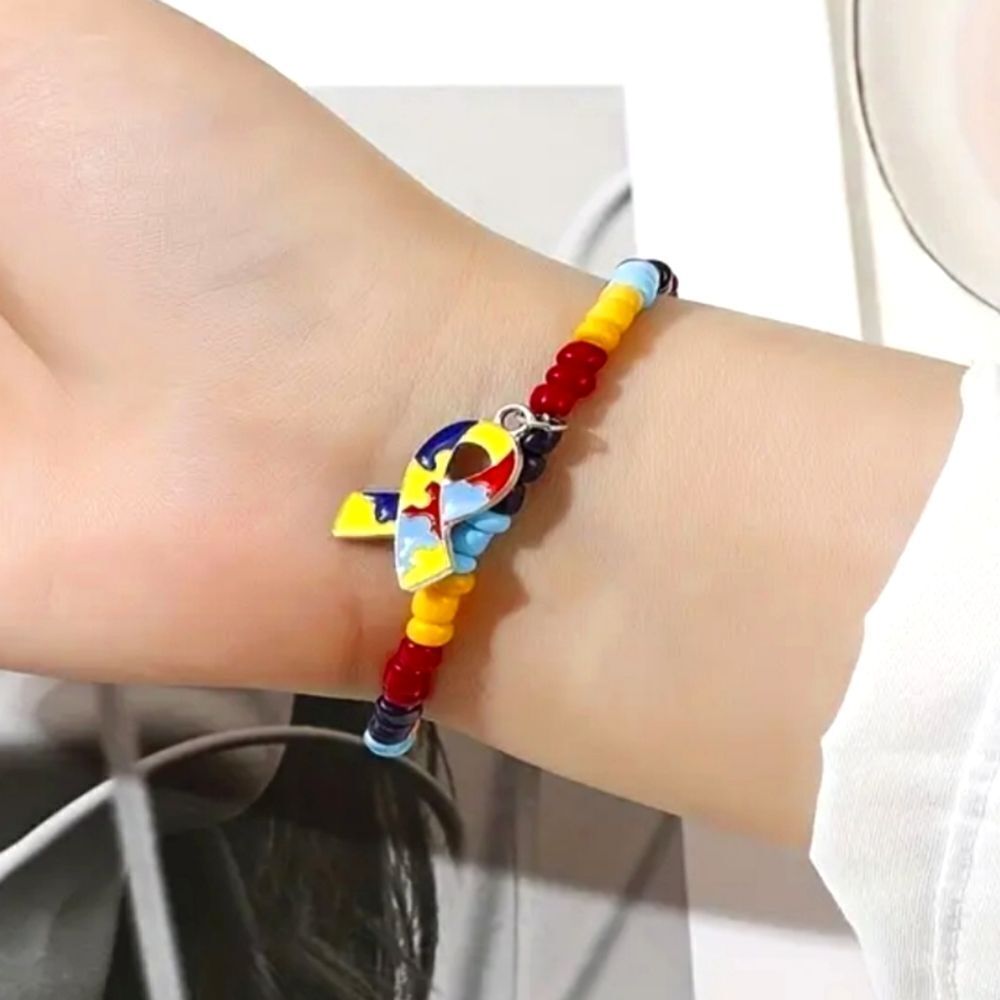 Colorful Beaded autism awareness Bracelet with Puzzle Charm for adults and kids